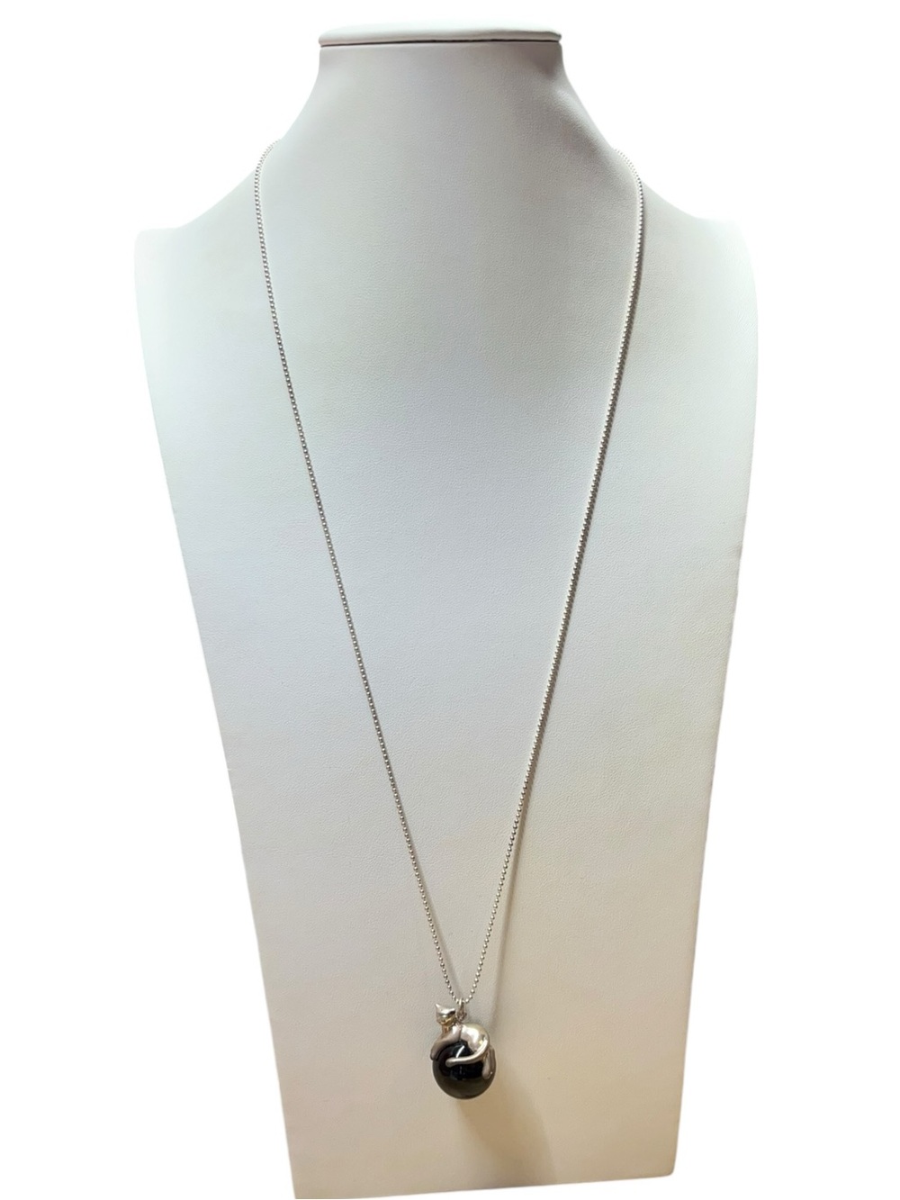 Vintage Sterling Silver Cat Black Stone Orb Necklace Chain